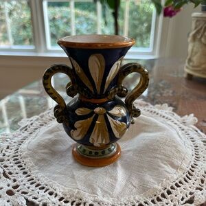 Handcrafted Ceramic Vase with Blue and Gold Accents